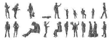 Vektör siluetleri, insanların ana hatları, Contour çizimleri, insanların siluetleri, ikon kümesi izole edilmiş, oturan insanların silueti, mimari set