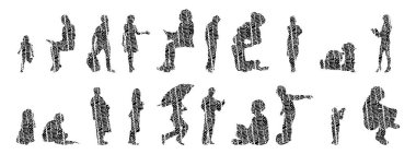 Vektör siluetleri, insanların ana hatları, Contour çizimleri, insanların siluetleri, ikon kümesi izole edilmiş, oturan insanların silueti, mimari set