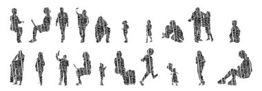 Vektör siluetleri, insanların ana hatları, Contour çizimleri, insanların siluetleri, ikon kümesi izole edilmiş, oturan insanların silueti, mimari set