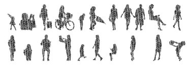 Vektör siluetleri, insanların ana hatları, Contour çizimleri, insanların siluetleri, ikon kümesi izole edilmiş, oturan insanların silueti, mimari set