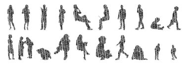 Vektör siluetleri, insanların ana hatları, Contour çizimleri, insanların siluetleri, ikon kümesi izole edilmiş, oturan insanların silueti, mimari set