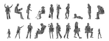 Vektör siluetleri, insanların ana hatları, Contour çizimleri, insanların siluetleri, ikon kümesi izole edilmiş, oturan insanların silueti, mimari set