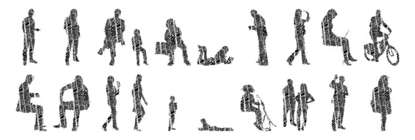 ベクトルシルエット 人の輪郭シルエット 輪郭線画 人のシルエット アイコンセット絶縁 人座っているシルエット 建築セット — ストックベクタ