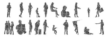 Vektör siluetleri, insanların ana hatları, Contour çizimleri, insanların siluetleri, ikon kümesi izole edilmiş, oturan insanların silueti, mimari set