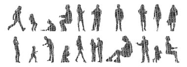 Vektör siluetleri, insanların ana hatları, Contour çizimleri, insanların siluetleri, ikon kümesi izole edilmiş, oturan insanların silueti, mimari set