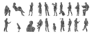 Vektör siluetleri, insanların ana hatları, Contour çizimleri, insanların siluetleri, ikon kümesi izole edilmiş, oturan insanların silueti, mimari set