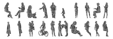 Vektör siluetleri, insanların ana hatları, Contour çizimleri, insanların siluetleri, ikon kümesi izole edilmiş, oturan insanların silueti, mimari set