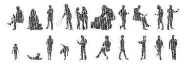 Vektör siluetleri, insanların ana hatları, Contour çizimleri, insanların siluetleri, ikon kümesi izole edilmiş, oturan insanların silueti, mimari set