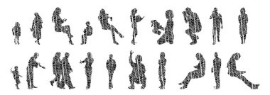 Vektör siluetleri, insanların ana hatları, Contour çizimleri, insanların siluetleri, ikon kümesi izole edilmiş, oturan insanların silueti, mimari set