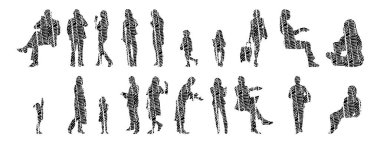 Vektör siluetleri, insanların ana hatları, Contour çizimleri, insanların siluetleri, ikon kümesi izole edilmiş, oturan insanların silueti, mimari set