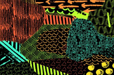 Soyut siyah konturlar, el vektör desen çizdi. Geometrik tarzı Retro soyut desen. Soyut çok renkli geometrik desen.