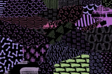 Soyut siyah konturlar, el vektör desen çizdi. Geometrik tarzı Retro soyut desen. Soyut çok renkli geometrik desen.