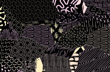 Soyut siyah konturlar, el vektör desen çizdi. Geometrik tarzı Retro soyut desen. Soyut çok renkli geometrik desen.