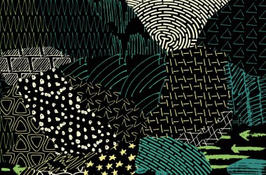 Soyut siyah konturlar, el vektör desen çizdi. Geometrik tarzı Retro soyut desen. Soyut çok renkli geometrik desen.