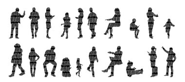 Vector silhouettes, Outline silhouettes of people, Contour drawing, people silhouette, Icon Set Isolated, Silhouette of sitting people, Architectural set clipart