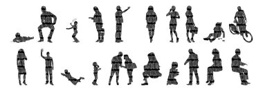 Vektör siluetleri, insanların ana hatları, Contour çizimleri, insanların siluetleri, ikon kümesi izole edilmiş, oturan insanların silueti, mimari set