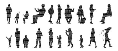 Vector silhouettes, Outline silhouettes of people, Contour drawing, people silhouette, Icon Set Isolated, Silhouette of sitting people, Architectural set clipart