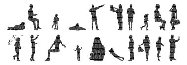 Vektör siluetleri, insanların ana hatları, Contour çizimleri, insanların siluetleri, ikon kümesi izole edilmiş, oturan insanların silueti, mimari set