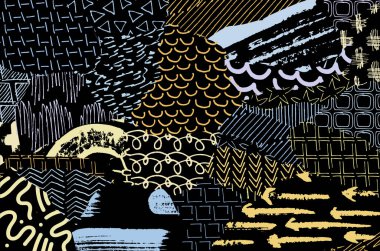 Soyut siyah konturlar, el vektör desen çizdi. Geometrik tarzı Retro soyut desen. Soyut çok renkli geometrik desen.