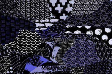 Soyut siyah konturlar, el vektör desen çizdi. Geometrik tarzı Retro soyut desen. Soyut çok renkli geometrik desen.