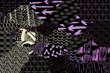 Soyut siyah konturlar, el vektör desen çizdi. Geometrik tarzı Retro soyut desen. Soyut çok renkli geometrik desen.