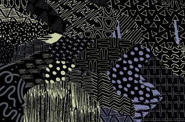 Soyut siyah konturlar, el vektör desen çizdi. Geometrik tarzı Retro soyut desen. Soyut çok renkli geometrik desen.