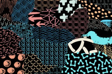 Soyut siyah konturlar, el vektör desen çizdi. Geometrik tarzı Retro soyut desen. Soyut çok renkli geometrik desen.