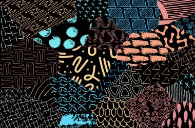 Soyut siyah konturlar, el vektör desen çizdi. Geometrik tarzı Retro soyut desen. Soyut çok renkli geometrik desen.