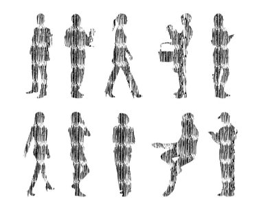 Vektör illüstrasyonu, insanların ana hatları, Contour çizimi, insanların silueti, ikon kümesi izole edilmiş, oturan insanların silueti, mimari set