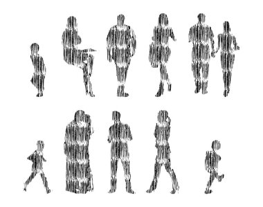 Vektör illüstrasyonu, insanların ana hatları, Contour çizimi, insanların silueti, ikon kümesi izole edilmiş, oturan insanların silueti, mimari set