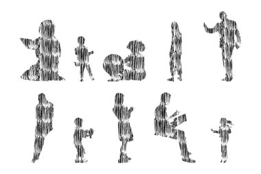 Vektör illüstrasyonu, insanların ana hatları, Contour çizimi, insanların silueti, ikon kümesi izole edilmiş, oturan insanların silueti, mimari set