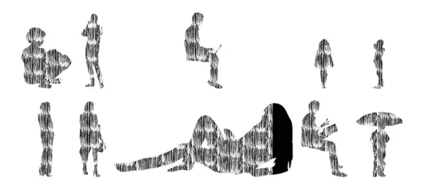 ベクトルイラスト 人物の輪郭シルエット 輪郭線画 人物シルエット アイコンセット絶縁 座席のシルエット 建築セット — ストックベクタ