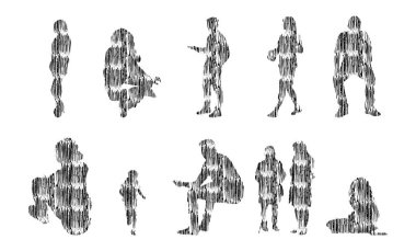 Vektör illüstrasyonu, insanların ana hatları, Contour çizimi, insanların silueti, ikon kümesi izole edilmiş, oturan insanların silueti, mimari set
