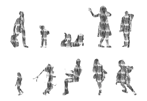 Ilustrație Vectorială Schiță Siluete Oameni Desen Contur Siluetă Oameni Set — Vector de stoc