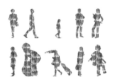 Vektör illüstrasyonu, insanların ana hatları, Contour çizimi, insanların silueti, ikon kümesi izole edilmiş, oturan insanların silueti, mimari set