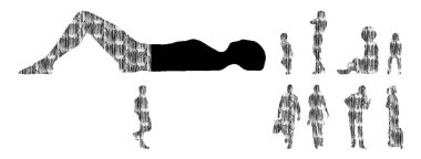 Vektör illüstrasyonu, insanların ana hatları, Contour çizimi, insanların silueti, ikon kümesi izole edilmiş, oturan insanların silueti, mimari set