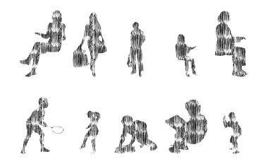 Vektör illüstrasyonu, insanların ana hatları, Contour çizimi, insanların silueti, ikon kümesi izole edilmiş, oturan insanların silueti, mimari set