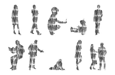 Vektör illüstrasyonu, insanların ana hatları, Contour çizimi, insanların silueti, ikon kümesi izole edilmiş, oturan insanların silueti, mimari set