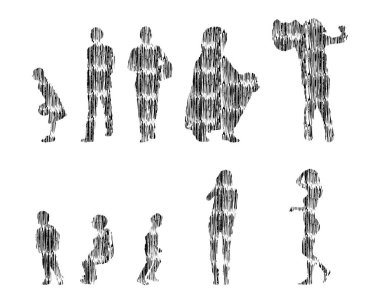 Vektör illüstrasyonu, insanların ana hatları, Contour çizimi, insanların silueti, ikon kümesi izole edilmiş, oturan insanların silueti, mimari set
