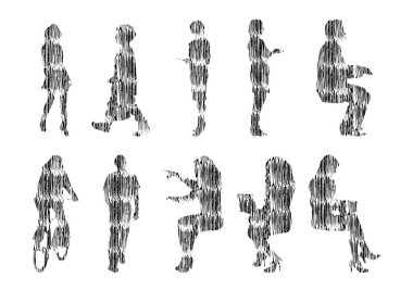 Vektör illüstrasyonu, insanların ana hatları, Contour çizimi, insanların silueti, ikon kümesi izole edilmiş, oturan insanların silueti, mimari set
