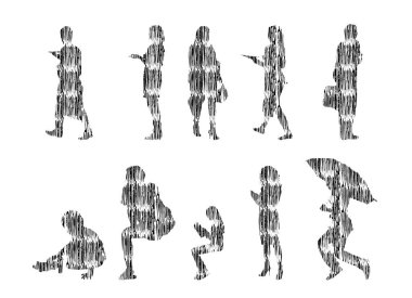 Vektör illüstrasyonu, insanların ana hatları, Contour çizimi, insanların silueti, ikon kümesi izole edilmiş, oturan insanların silueti, mimari set