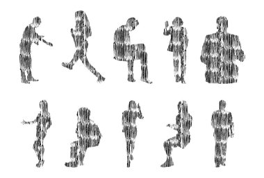 Vektör illüstrasyonu, insanların ana hatları, Contour çizimi, insanların silueti, ikon kümesi izole edilmiş, oturan insanların silueti, mimari set