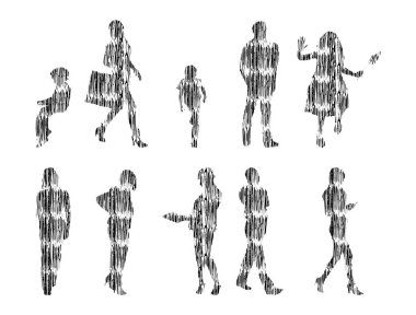 Vektör illüstrasyonu, insanların ana hatları, Contour çizimi, insanların silueti, ikon kümesi izole edilmiş, oturan insanların silueti, mimari set