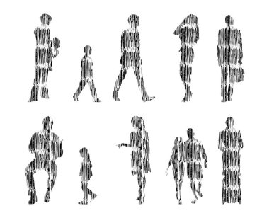Vektör illüstrasyonu, insanların ana hatları, Contour çizimi, insanların silueti, ikon kümesi izole edilmiş, oturan insanların silueti, mimari set