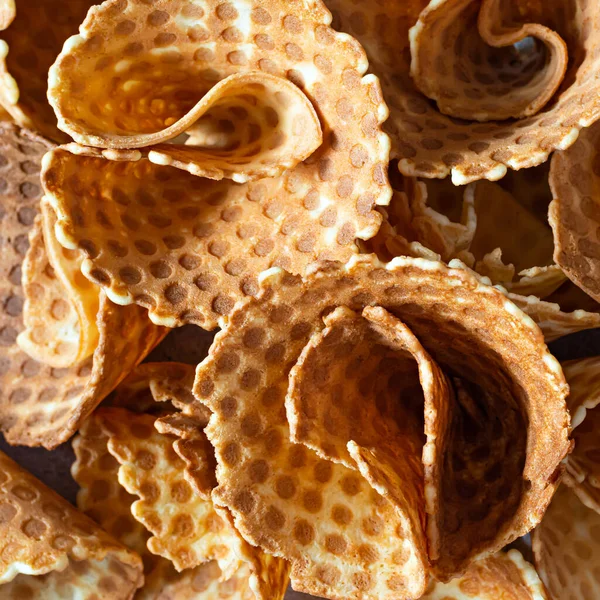Achtergrond Van Wafelkegels Heerlijk Snoepgoed Gebak Wafelkegel Voor Ijs Bovenaanzicht — Stockfoto