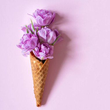 Pembe arka planda laleli waffle (waffle) külahı. Çiçekli dondurma, ilkbahar konsepti ilk çiçeklerle, anneler günü, üst manzara..