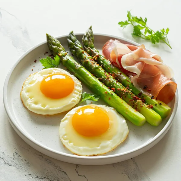 Breakfast Fried Eggs Fresh Asparagus Ham Jamon Herbs Plate White — Stock Photo, Image