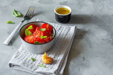 Gri arka planda taze vişneli domates salatası, kızarmış ekmek, fesleğen yaprağı, baharat ve aromalı zeytinyağı. Panzanella yazın popüler bir Toskana sebze salatasıdır. İtalyan Mutfağı.