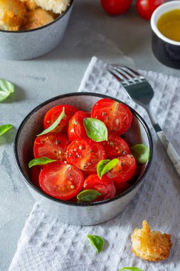 Gri arka planda taze vişneli domates salatası, kızarmış ekmek, fesleğen yaprağı, baharat ve aromalı zeytinyağı. Panzanella yazın popüler bir Toskana sebze salatasıdır. İtalyan Mutfağı.