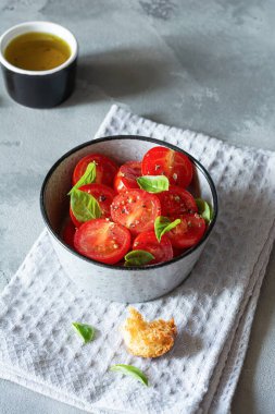 Gri arka planda taze vişneli domates salatası, kızarmış ekmek, fesleğen yaprağı, baharat ve aromalı zeytinyağı. Panzanella yazın popüler bir Toskana sebze salatasıdır. İtalyan Mutfağı.